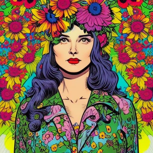1960s Flower Child in Comic Book Art Style