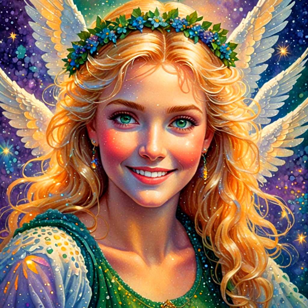 Pointillism Portrait: Vibrant Angel with Green Eyes