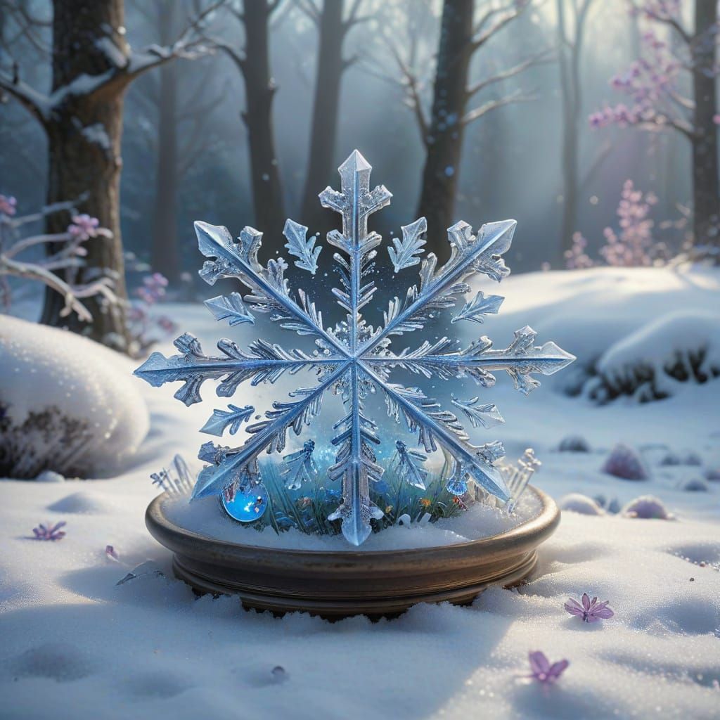 Delicate Glass Snowflake with Rainbow Castle in Forest