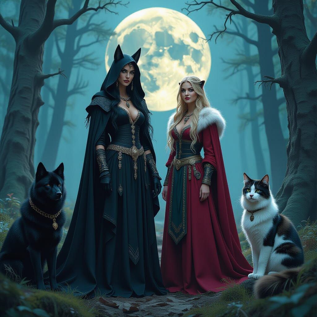 Hecate and Freya in Moonlit Forest, Digital Art