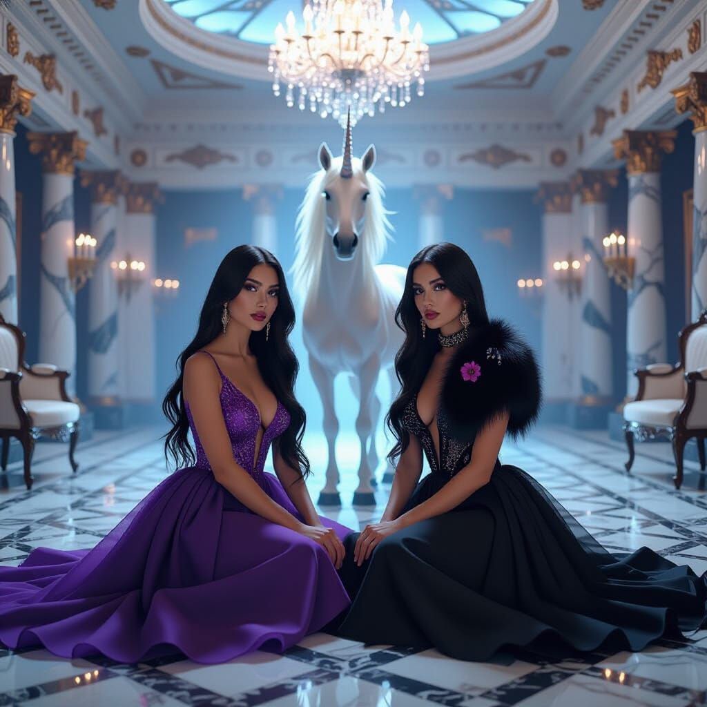 Symmetrical Women with Unicorn, Whimsical Dreamlike Style