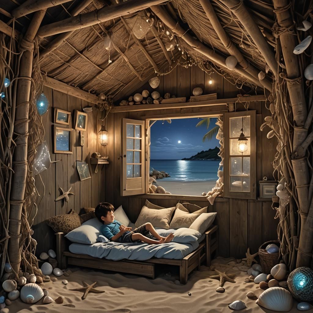 Serene Boy Sleeping in Beach Hut at Night