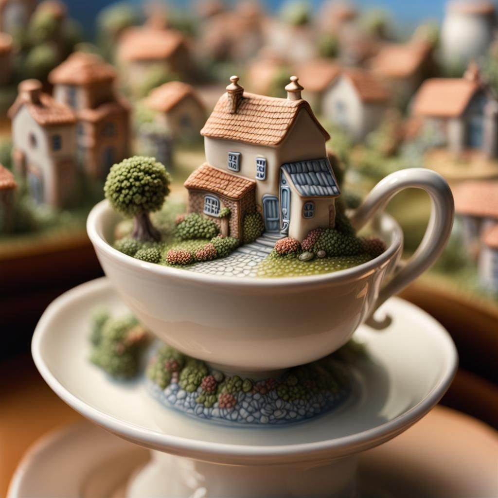 Miniature Mountain Village in Teacup: Macro Surrealism