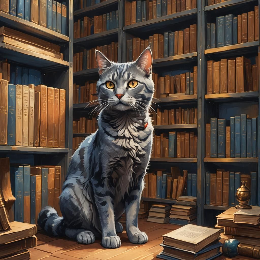 Mystical Cat Among Books: Concept Art in Medieval Style