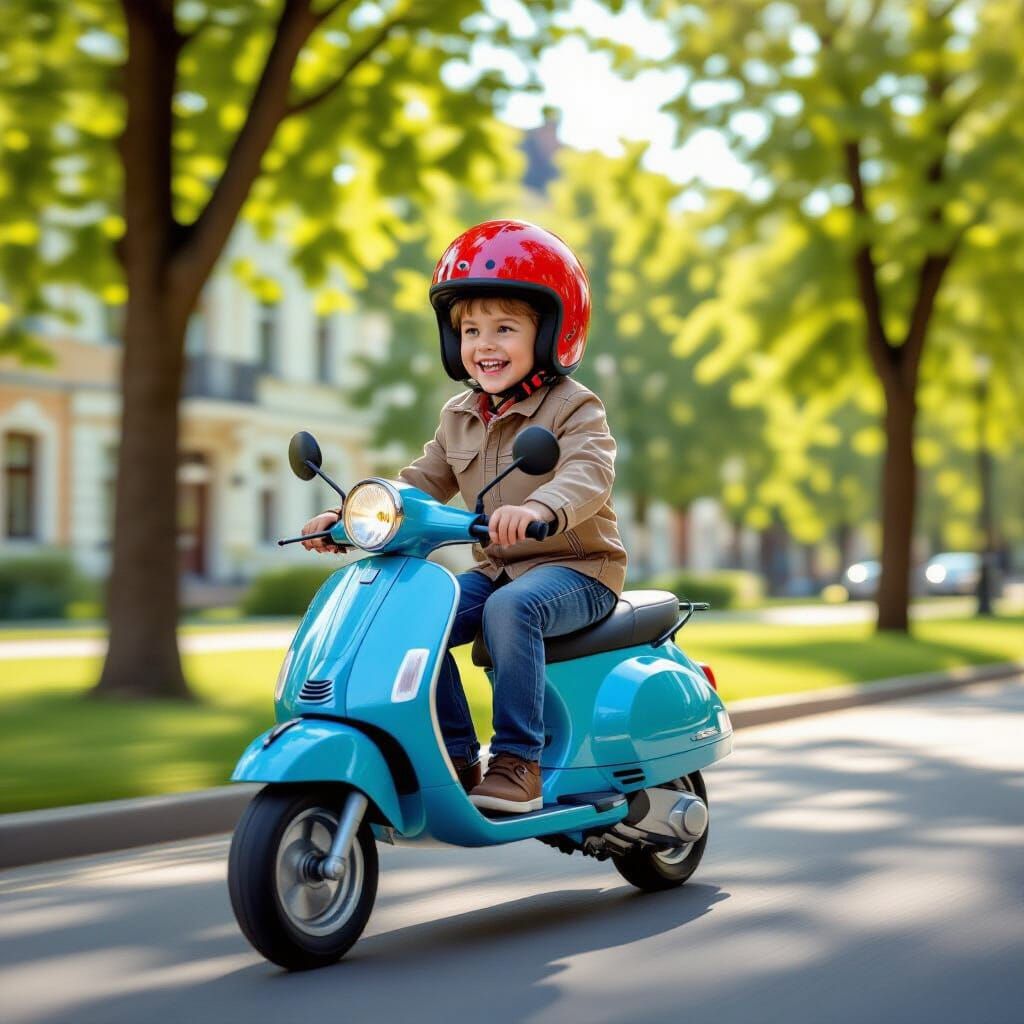Joyful Boy Rides Scooter in Sunny Park