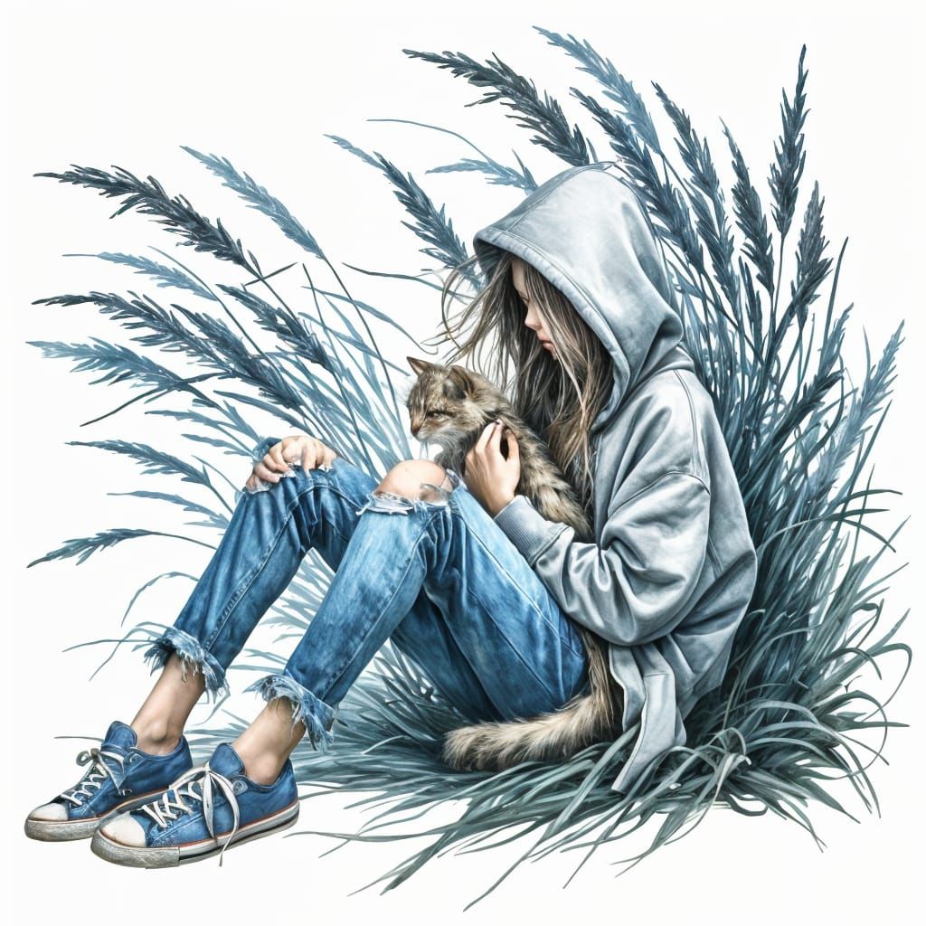 Girl and Cat in Waving Grass: Watercolor Art