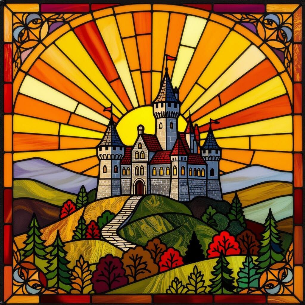 Stained Glass Castle on Hill at Sunrise
