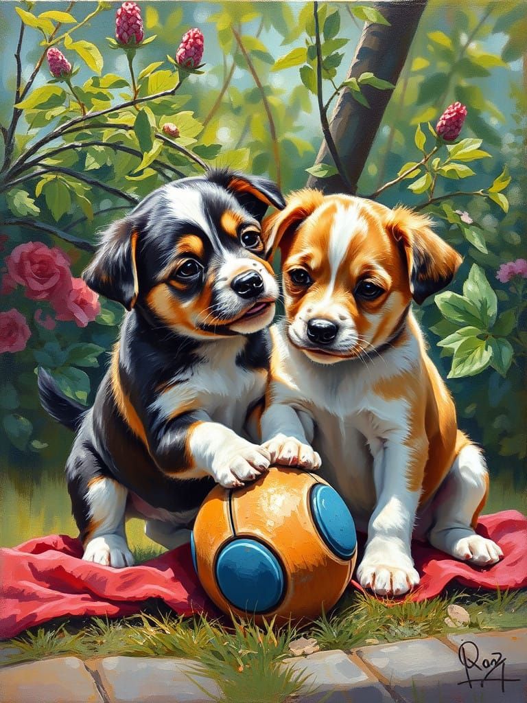 Cute Puppies in a Romantic Garden Scene