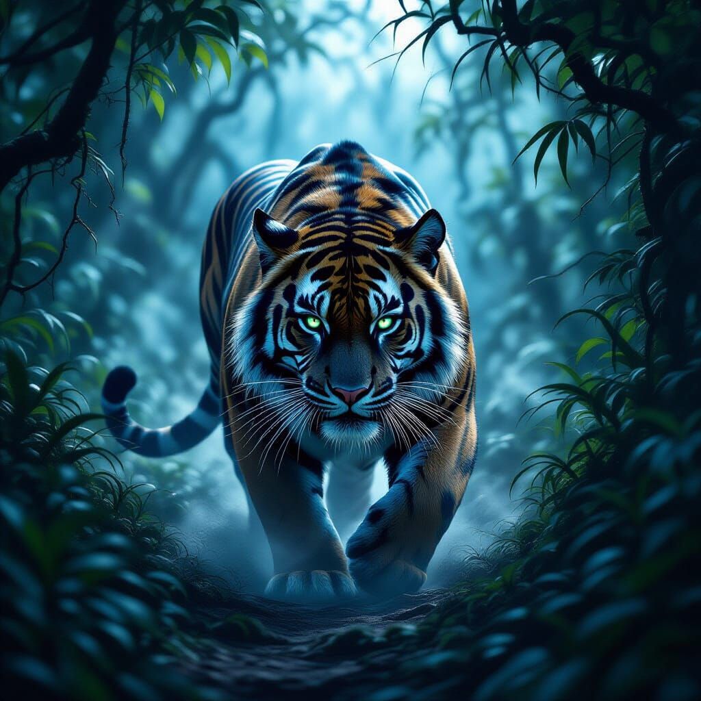 Tiger Panther Hybrid Prowling Moonlit Jungle