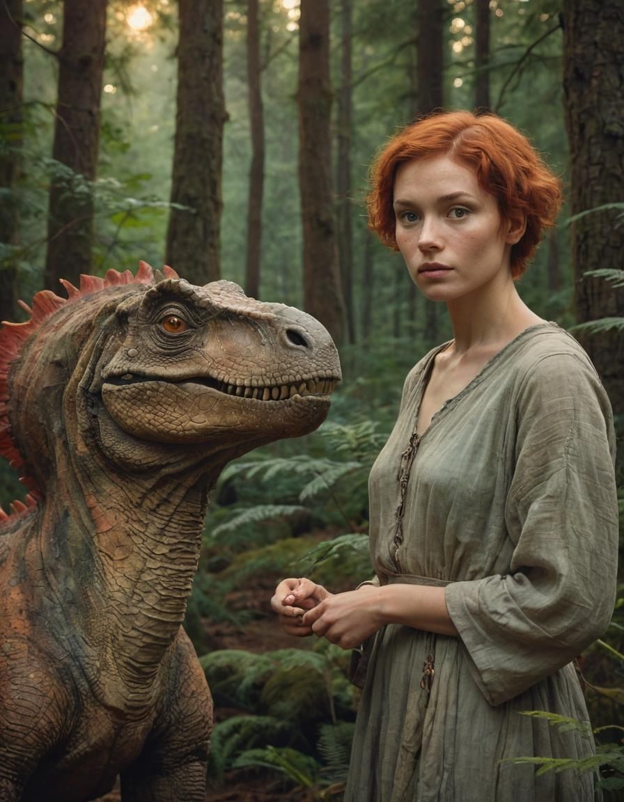 Stone Age Woman and Dinosaur in Baroque Oil Painting