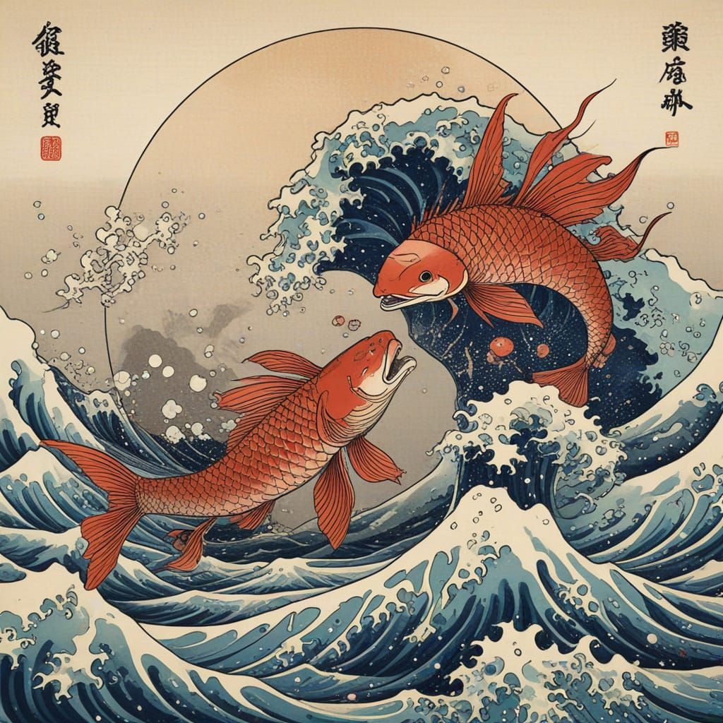 Traditional Japanese Pisces Zodiac Art by Hokusai Style