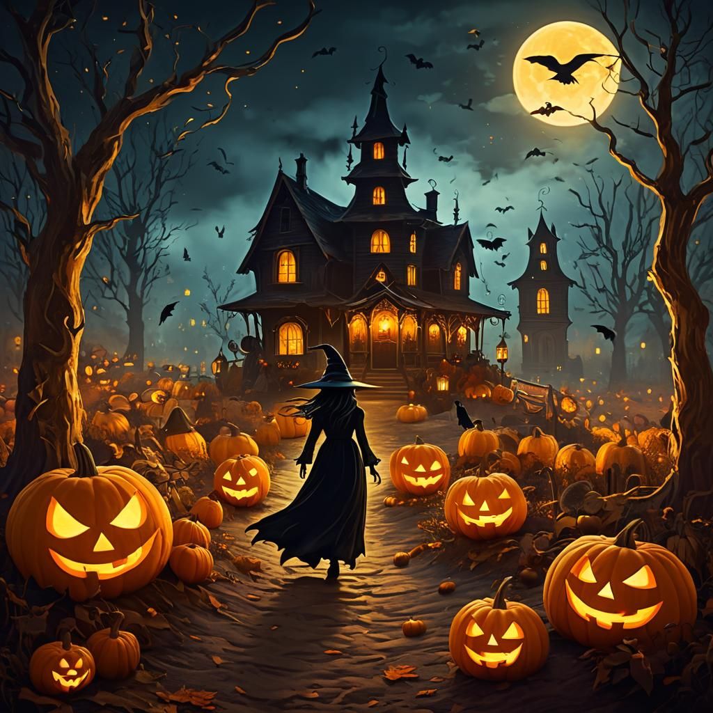 Halloween Night: Whimsical Autumnal Scene in Magical Realism