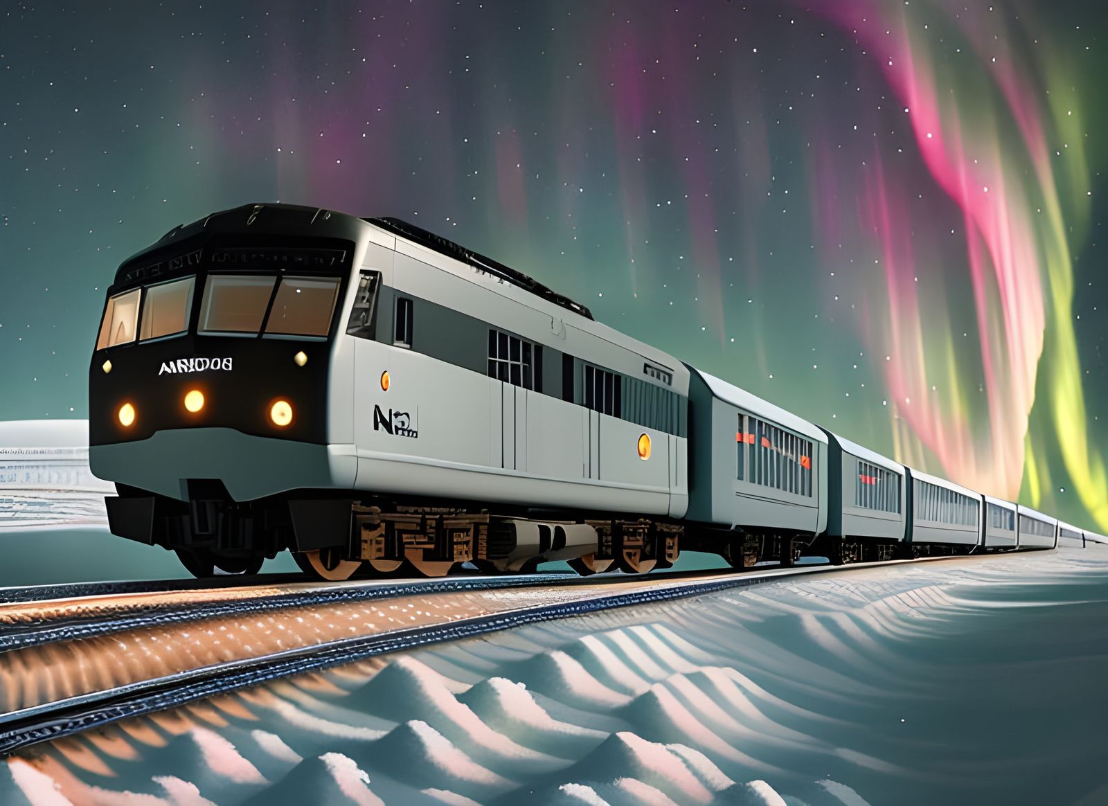 Futuristic Snow Train Amidst Space Aurora