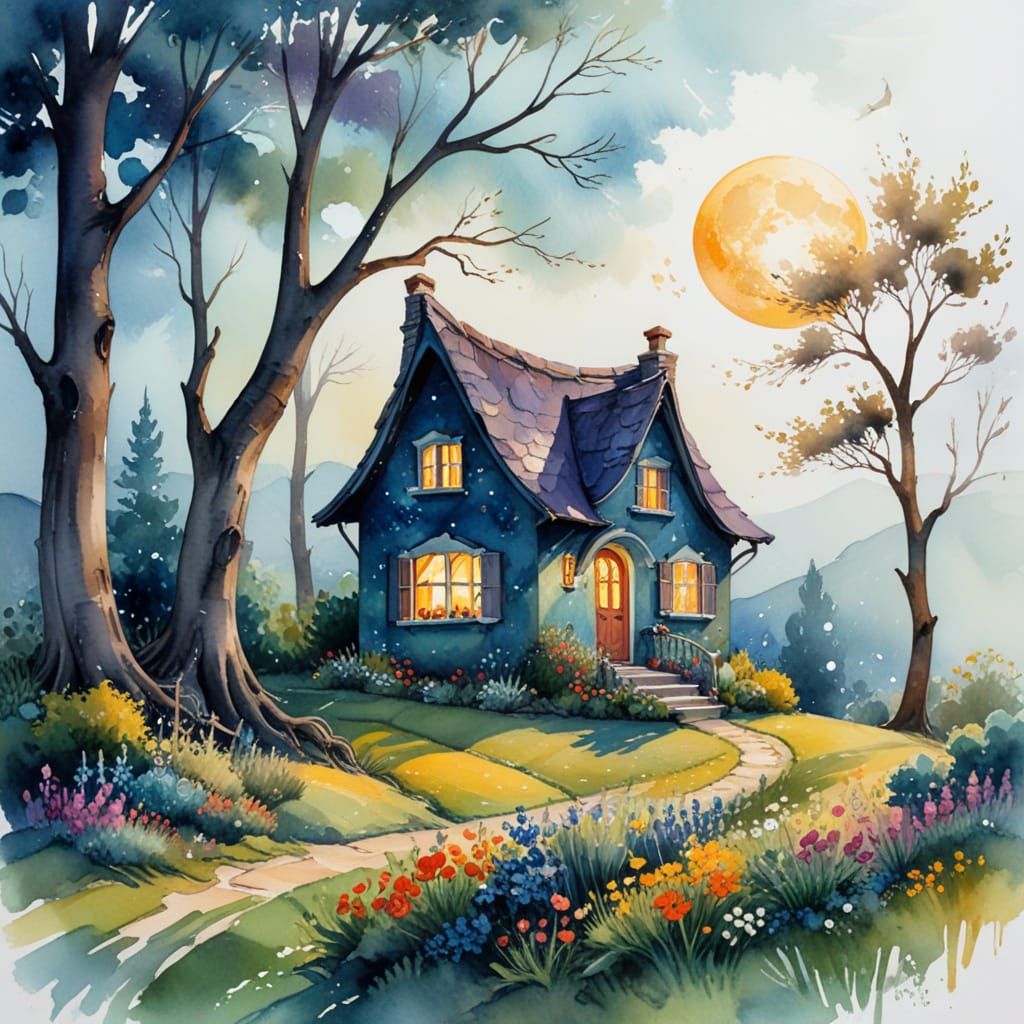Crescent Moon Cottage in Watercolour Style