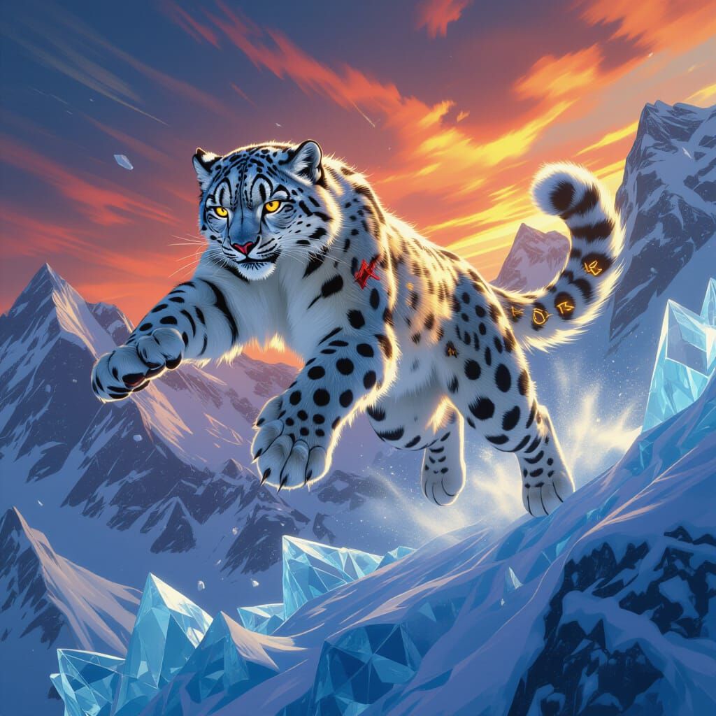 Snow Leopard Leaps Through Fractured Glacier, Hyperreal Art