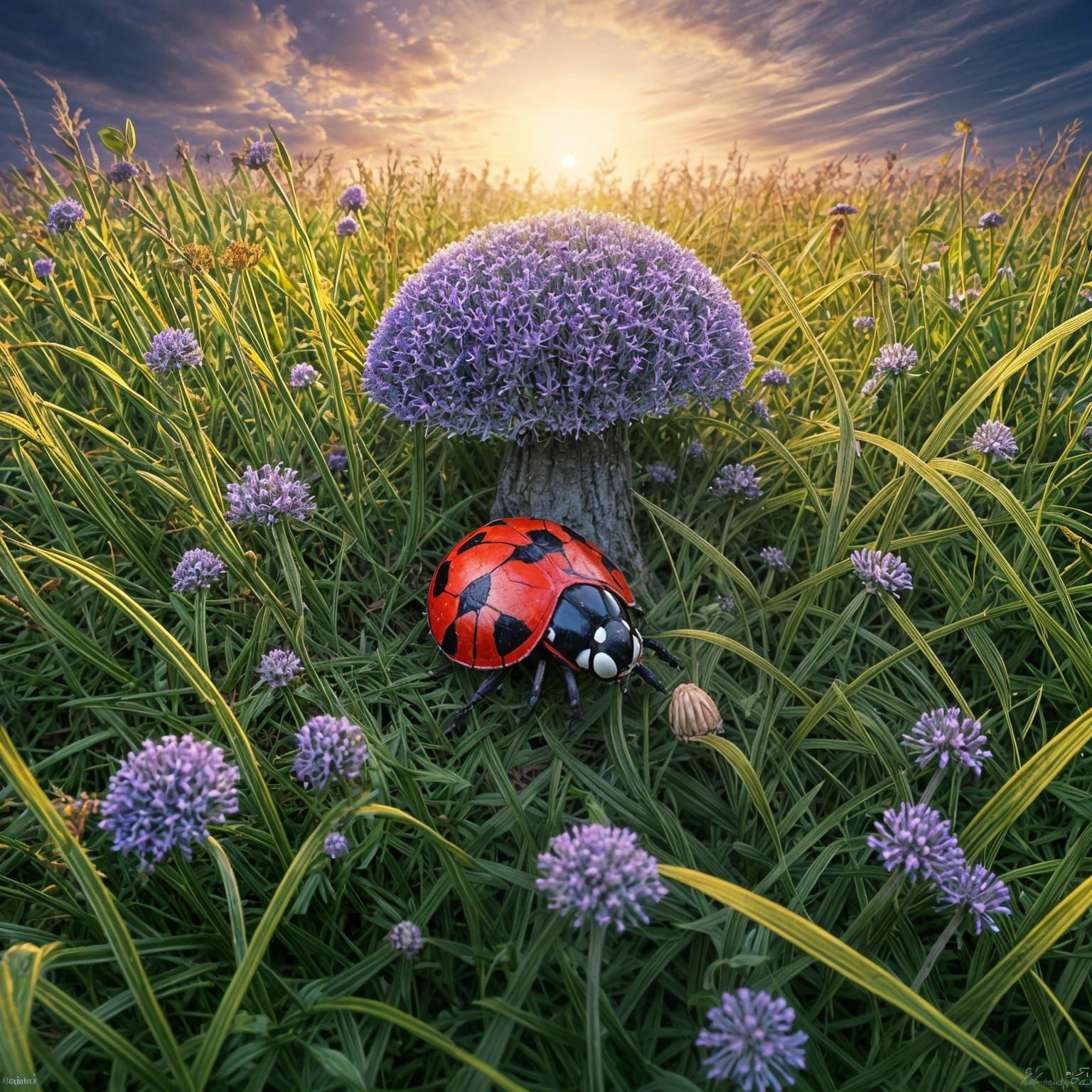 Iperrealistico Ritratto di Donna come Coccinella in Un Cielo...