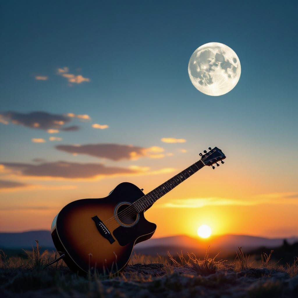 Guitar Silhouetted Against Neon Moon at Sunset