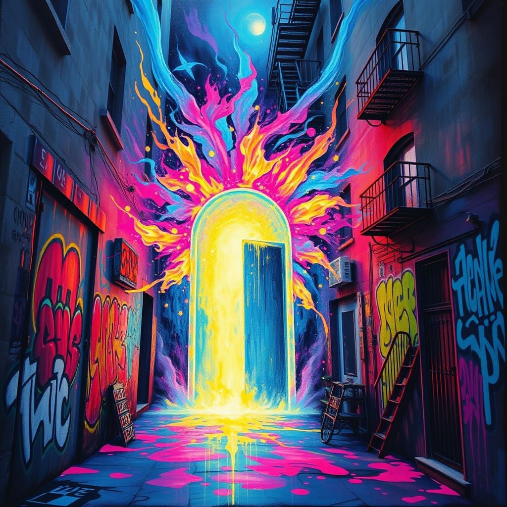 Vibrant Otherworldly Portal Unfolds in Urban Alleyway