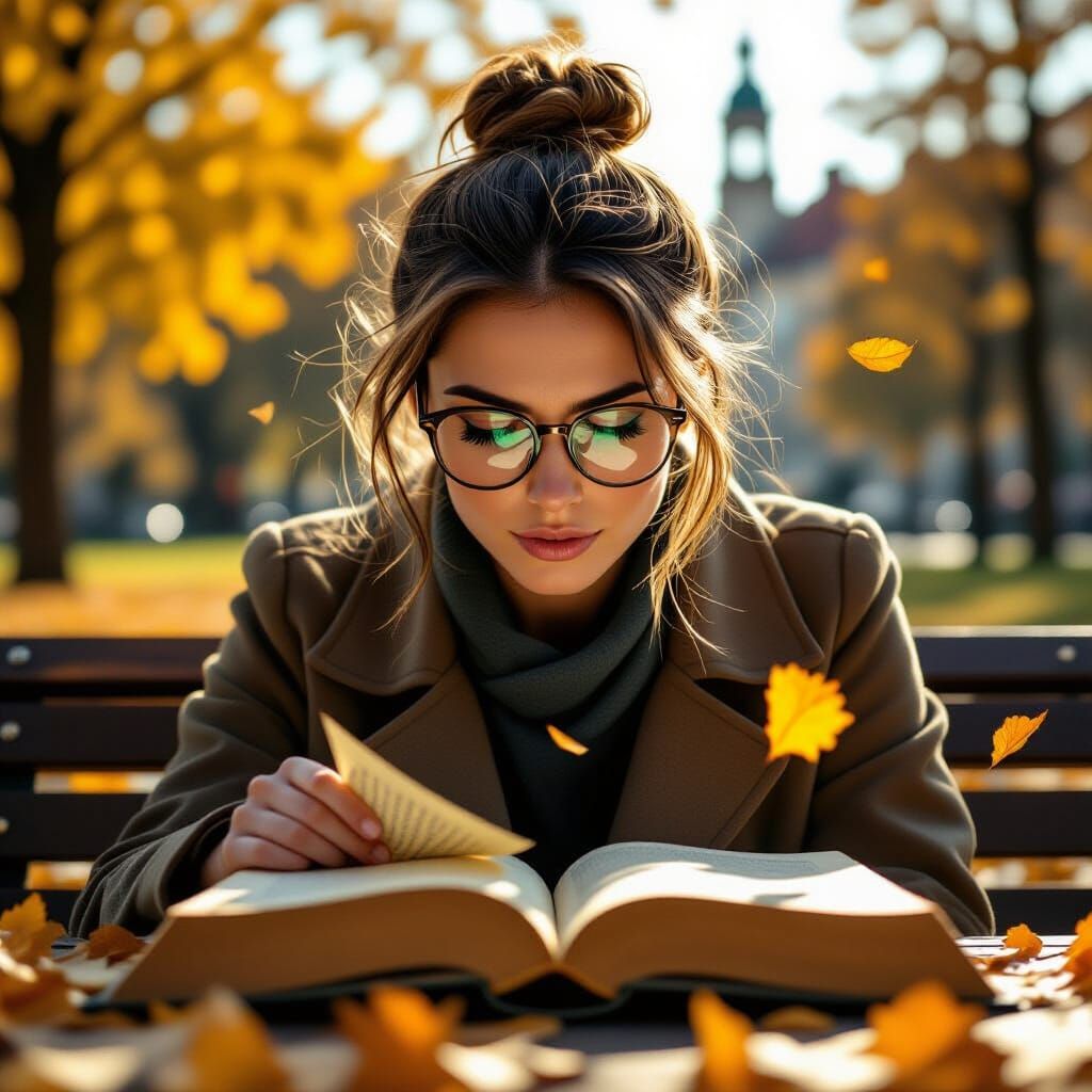 Woman Reading on Park Bench in Dappled Sunlight