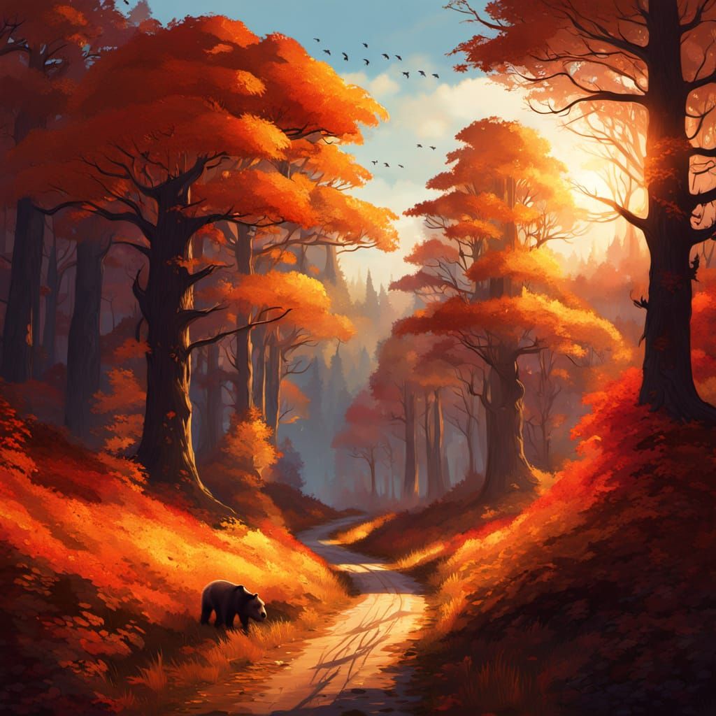Autumn Forest Road with Clock and Bear Cub