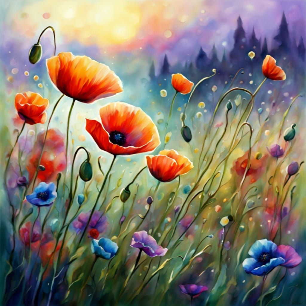 Enchanting Watercolor Poppies With Glowing Sprites
