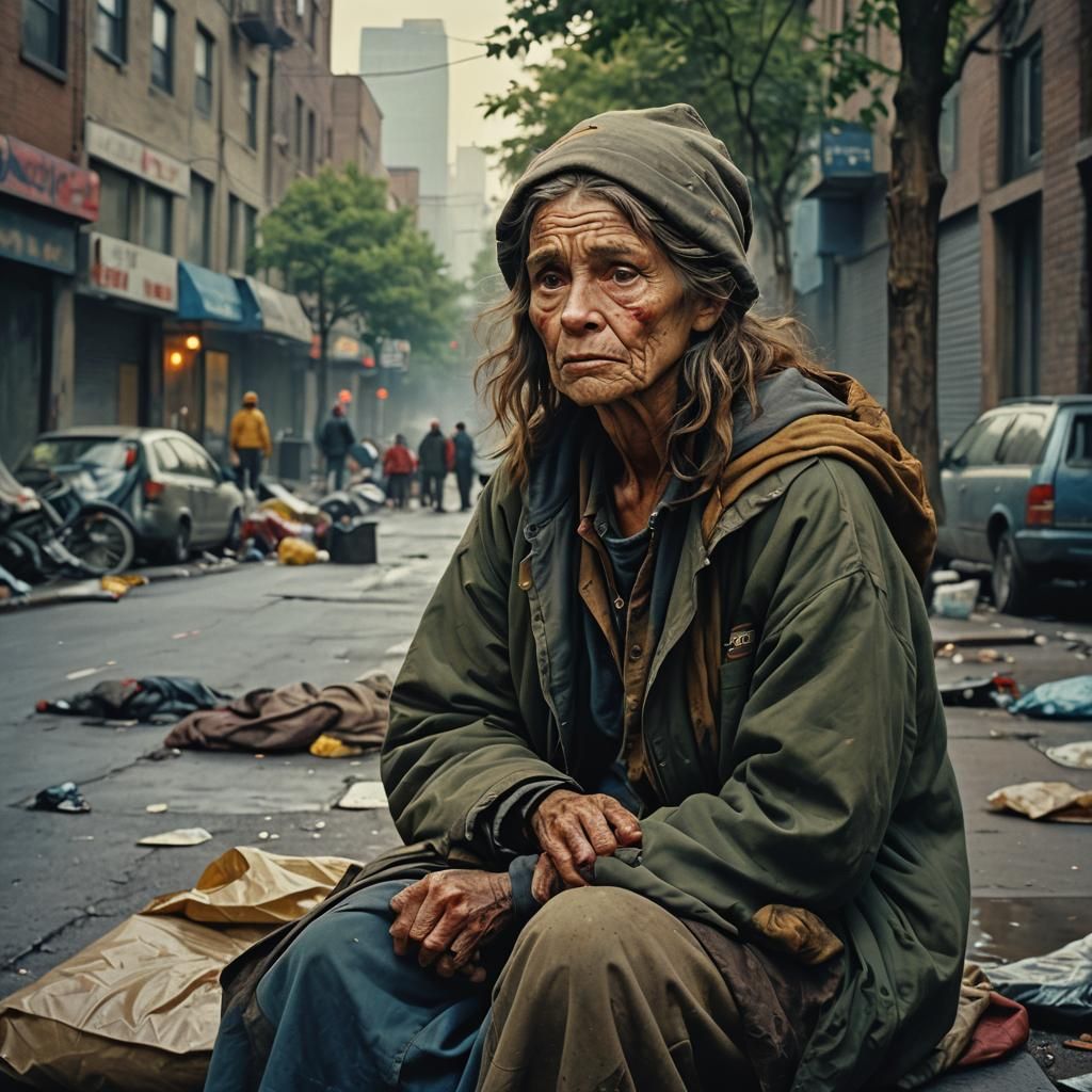 Homeless Woman in Cinematic Oil Painting Style