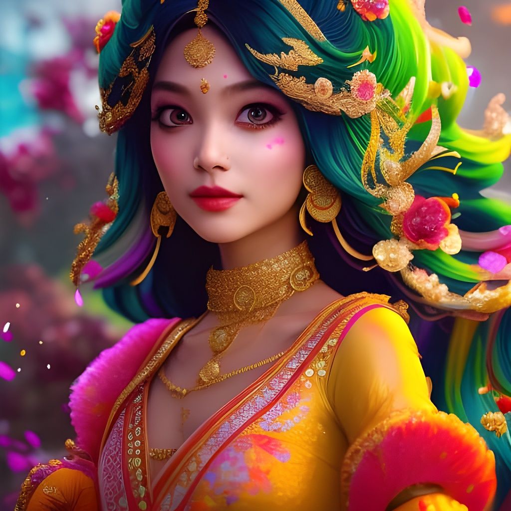 Radiant Indian Girl Celebrates Holi: Digital Splash Art
