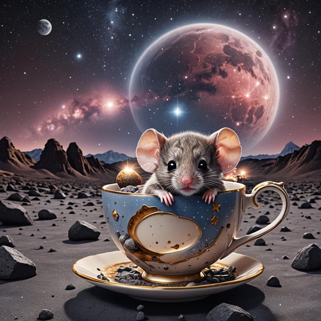 Hyperrealistic Chibi Mouse in Teacup on the Moon