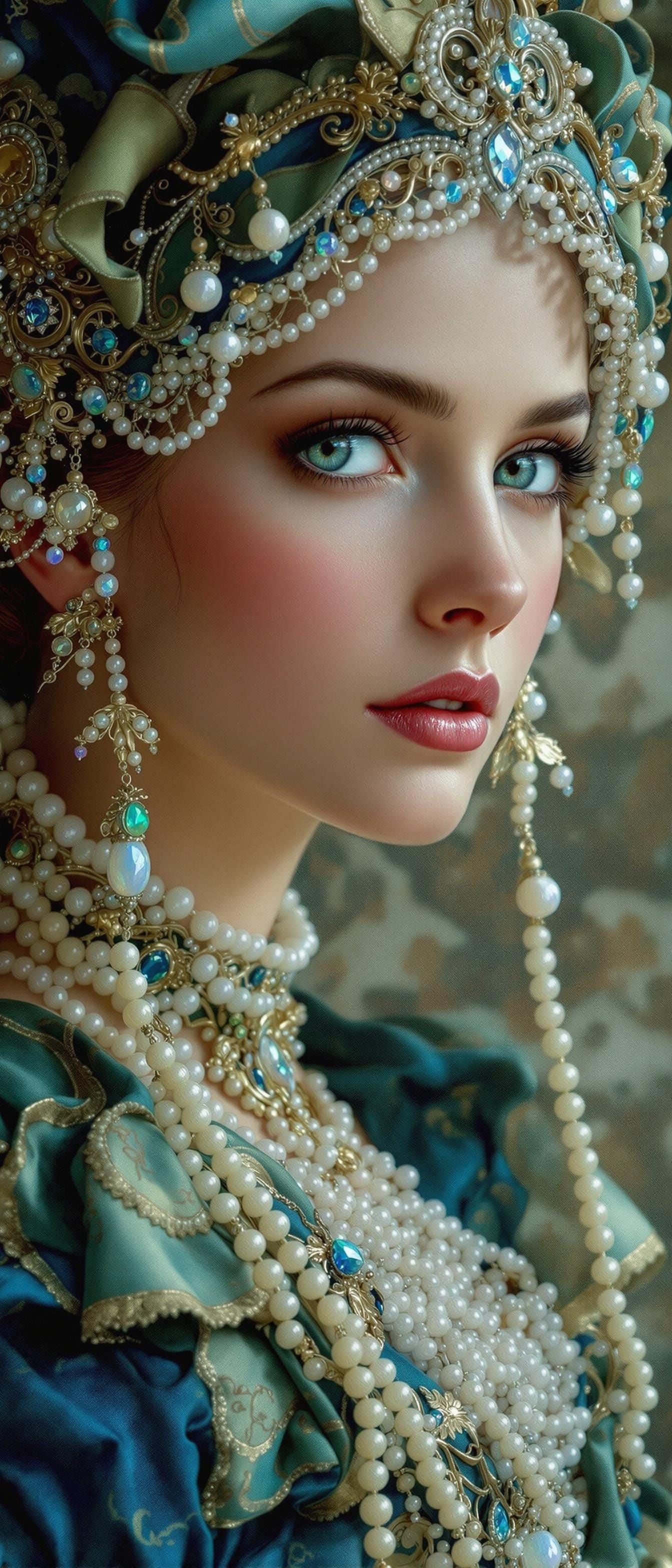 Edwardian Lady in Luxurious Blue and Green Gown