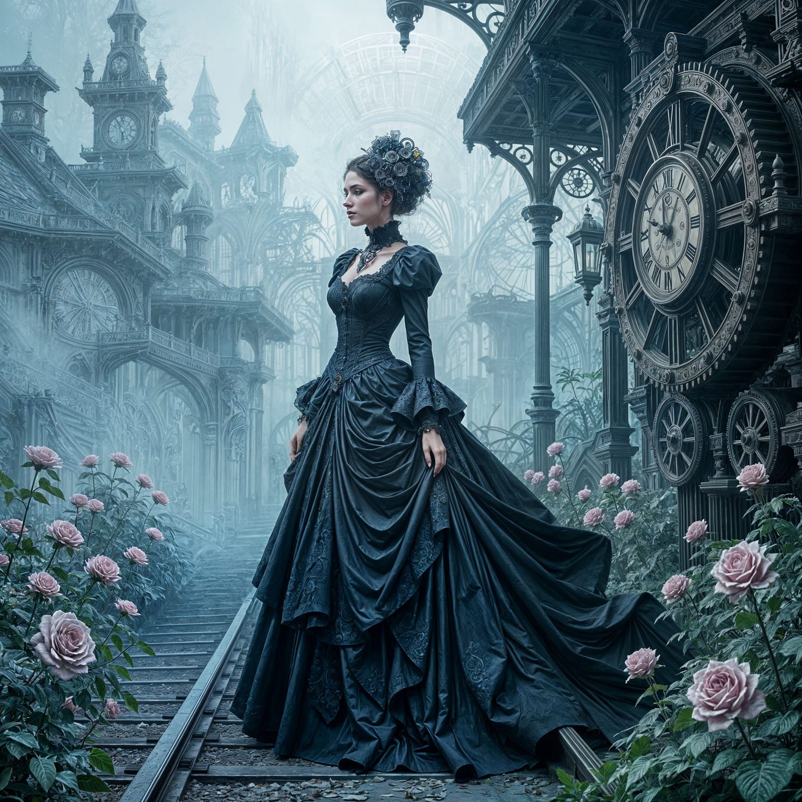 Elegant Woman in Clockwork Station, Gothic Art