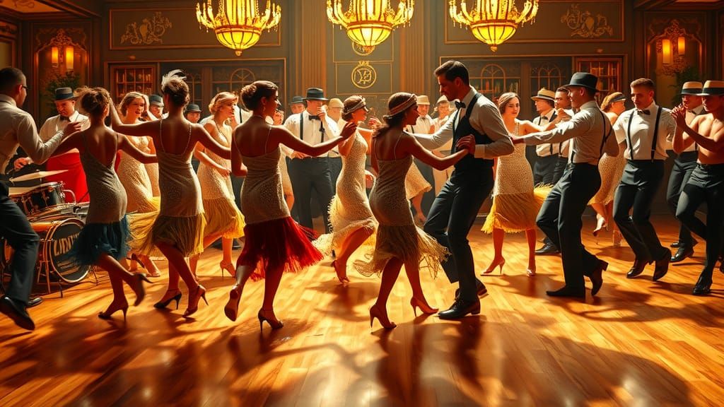 1920s Dancers Performing Charleston in Art Deco Ballroom