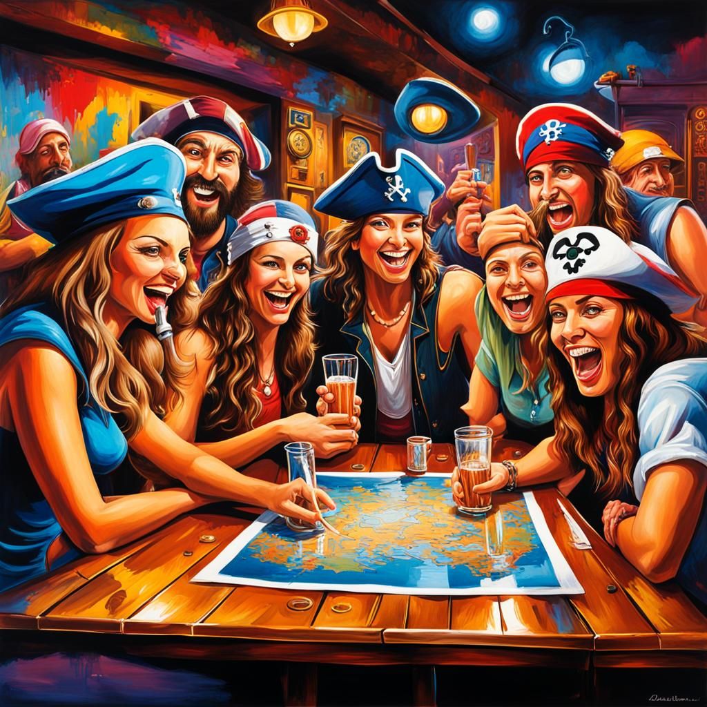 Friends Celebrate Quiz Victory in Graffiti Art Style