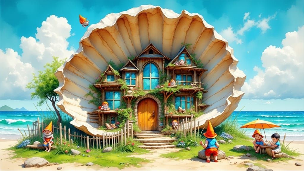 Gnome Home Inside Giant Clam Shell on Beach