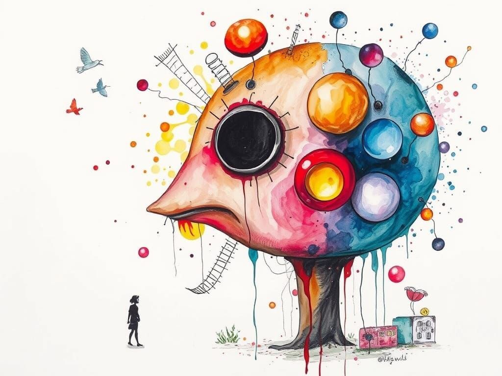 Surreal Watercolor and Ink Painting with White Space