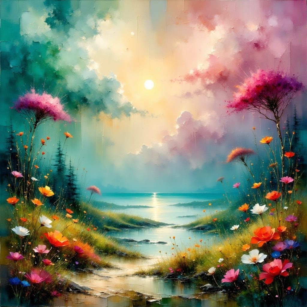 Ethereal Landscape with Deep Green and Gold Accents