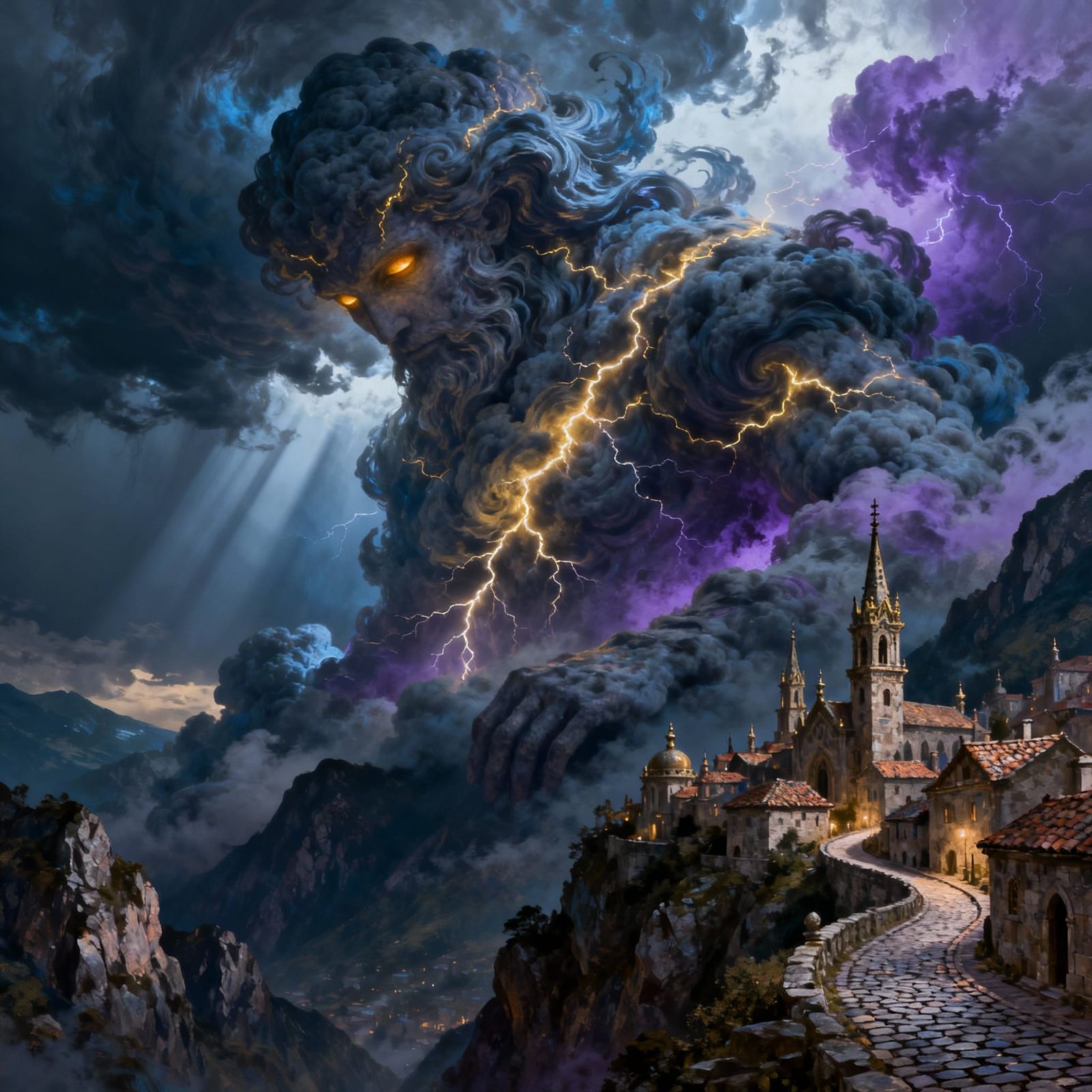 Colossal Cloud Giant Over Gothic City