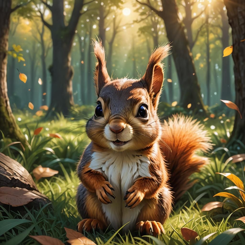 Pixar-Inspired Portrait of Baby Squirrel in Forest
