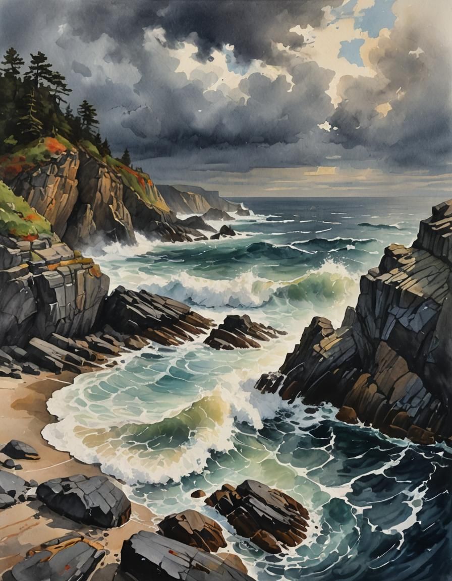 Impressionist Cove with Rough Sea in Watercolor Gouache