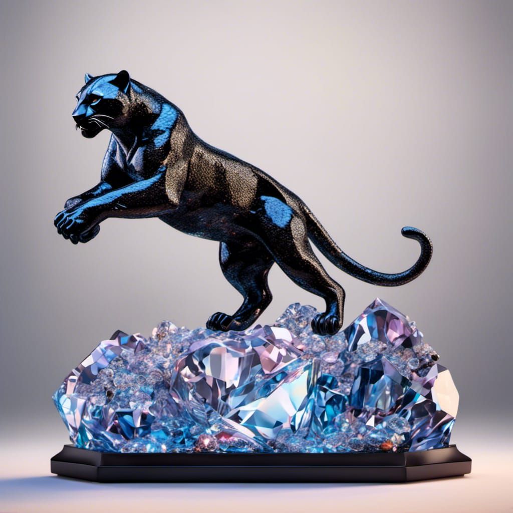 Jumping Crystal Panther Statuette in Mixed Media