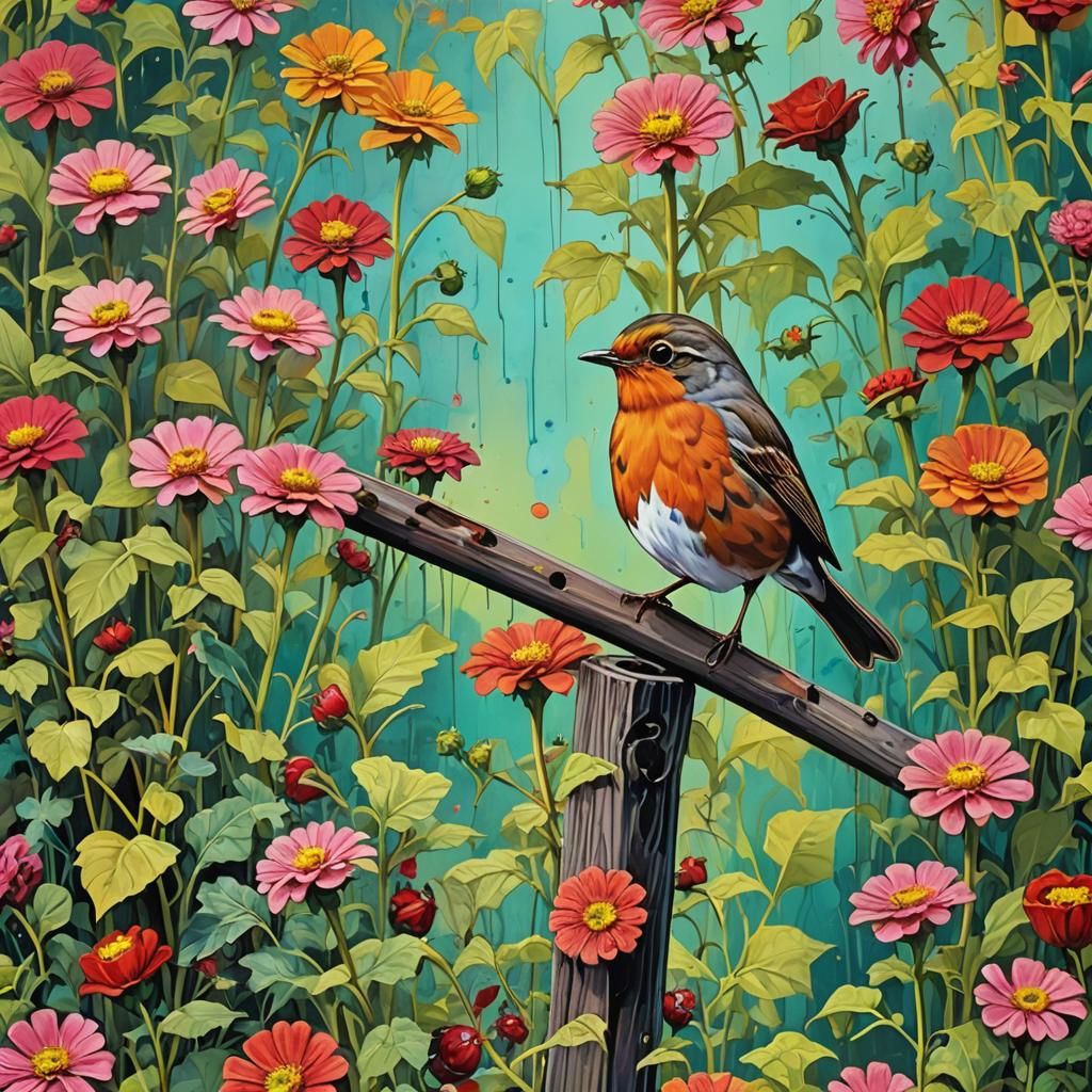 Robin in Graffiti Art Garden Scene