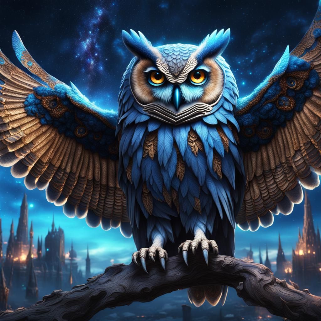 Gothic Owl with Cosmic Sky, Detailed Matte Painting