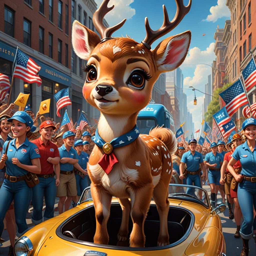 Rosie the Riveter Rides Glowing Deer in Parade