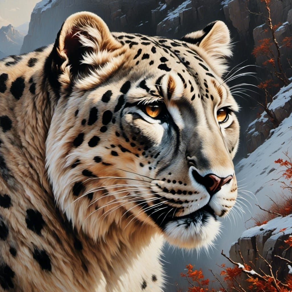 Snow Leopard in Snowy Mountains: Oil Painting