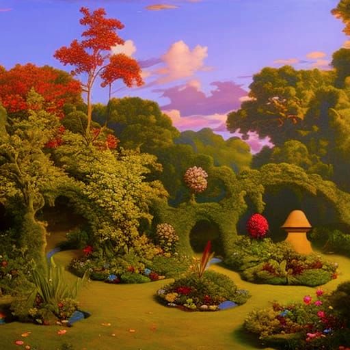 Hyperrealistic Garden Oil Painting in a Surreal Style