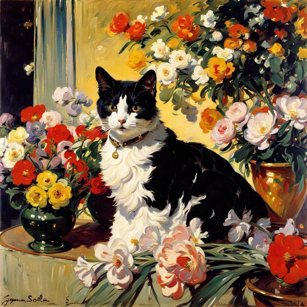 Cute Cat Surrounded by Flowers in Impressionist Style