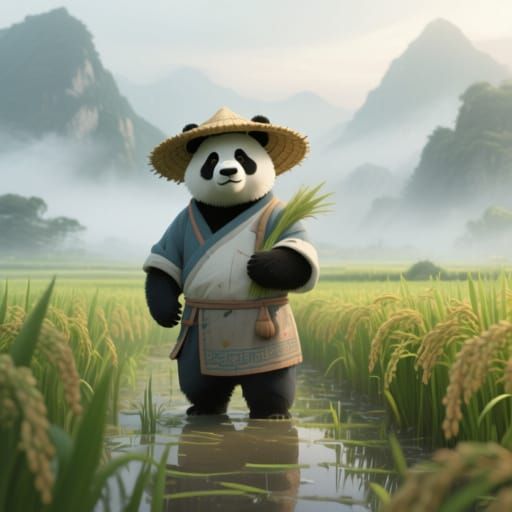 Panda as Chinese Farmer in Rice Paddy
