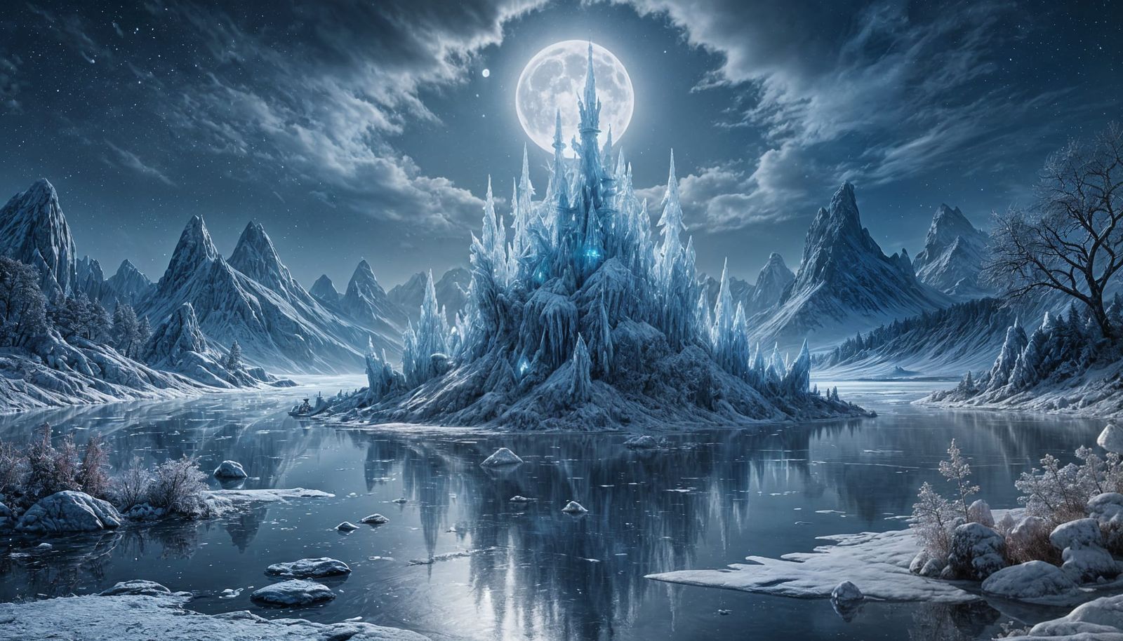 Crystal Garden on Frozen Lake Under Full Moon