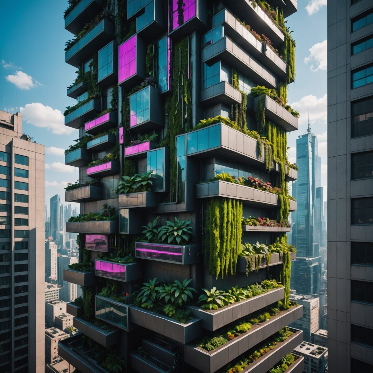 Neo-Tech Vertical Oasis in a Cyberpunk Metropolis
