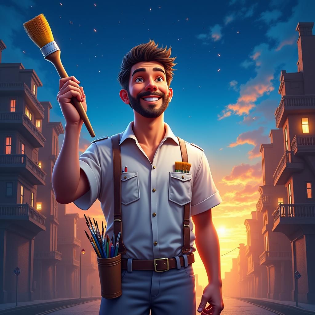 Handyman in Fantasy Cityscape: Digital Matte Painting