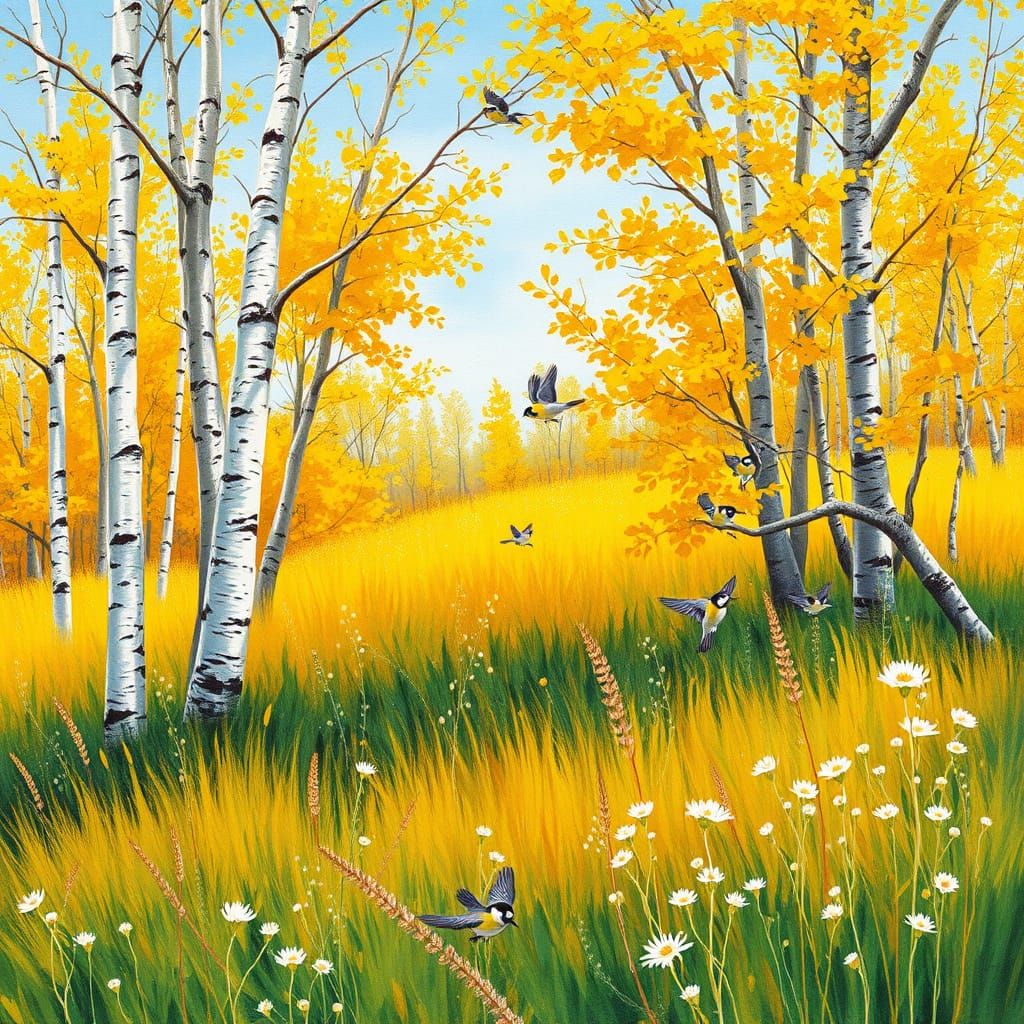 Vibrant Birches in a Sunny Meadow with Energetic Chickadees